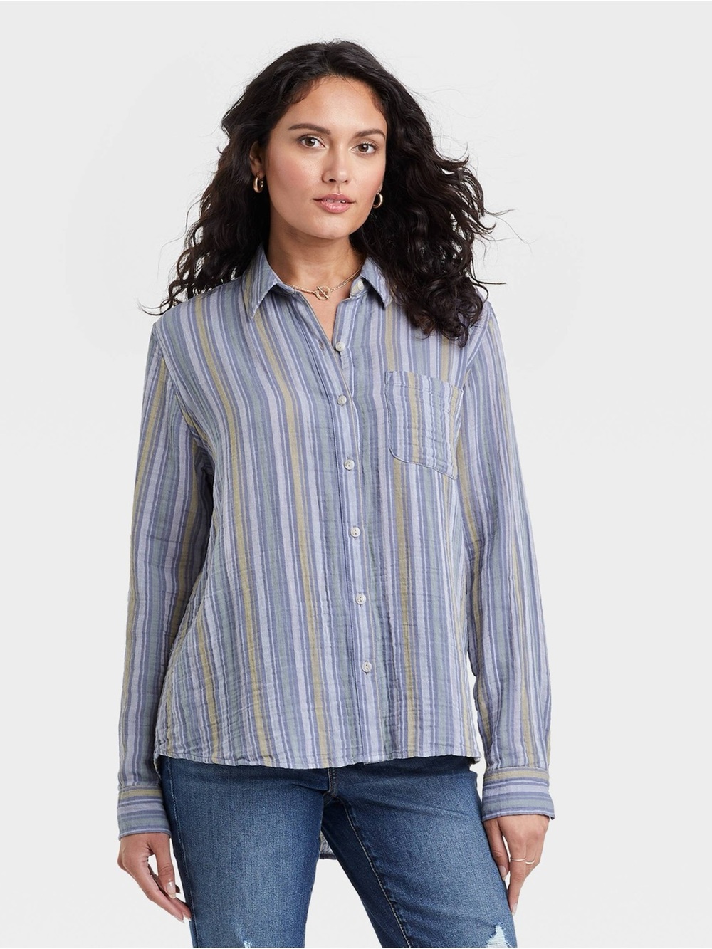 Universal Thread Blue Striped Gauze Button-Down Shirt Women’s Relaxed Fit Large